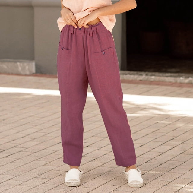 ICHUANYI Liquidación Moda Mujer Casual Suelto Algodón Lino Señoras Sólido Elástico Cintura Ancha Pantalones Botón ICHUANYI WER2023082200363