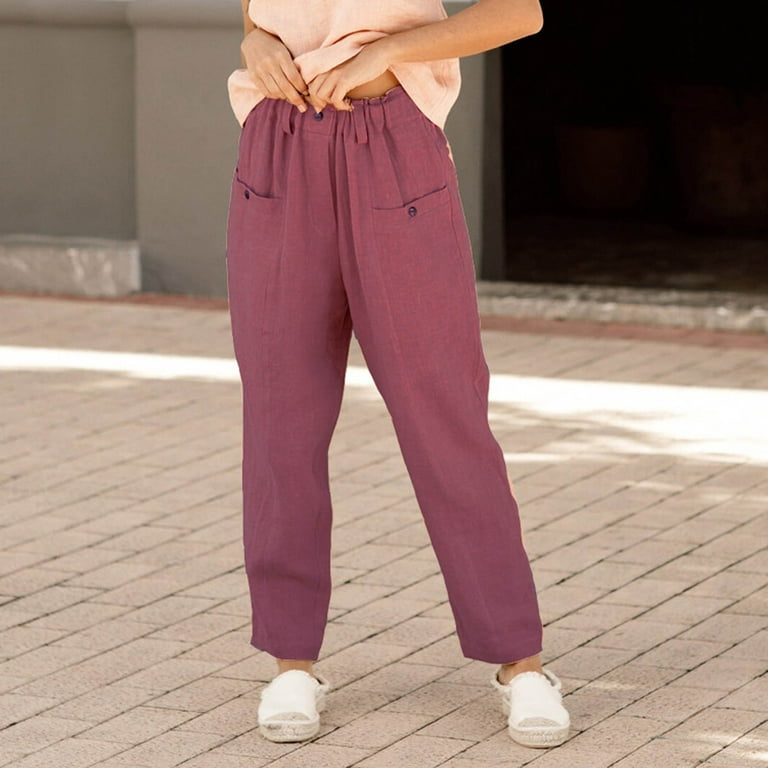 Bigersell Solid Blue Pant for Women Full Length Pants Fashion Women's  Casual Loose Cotton Linen Ladies Solid Elastic Waist Wide-leg Button Pants