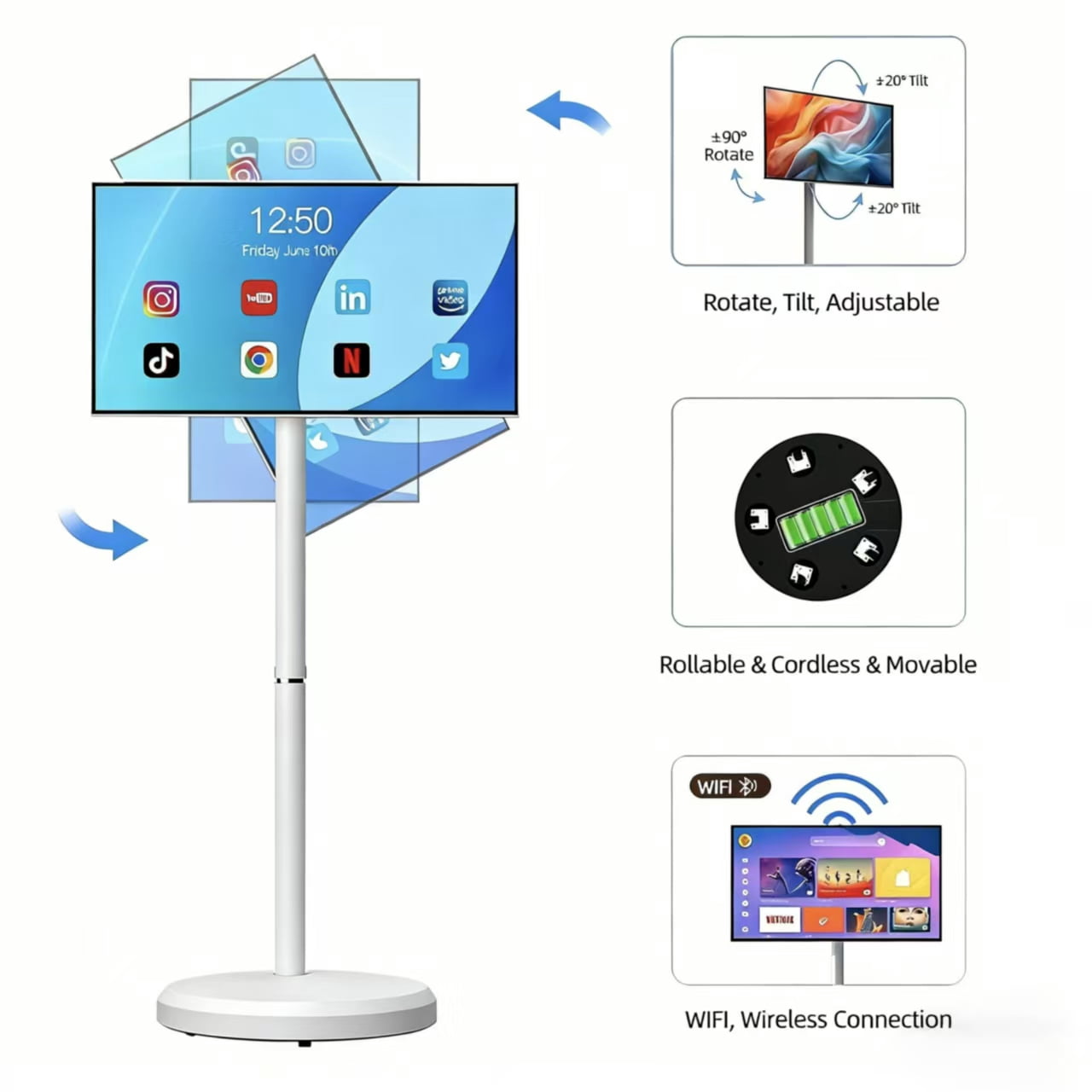21.5" Portable Touchscreen Smart TV, FHD 1080p, Android, 4+64GB, Built-in 6000mAh Battery, For Indoor/Outdoor Use, Rotating Screen