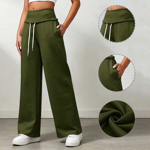 ClodeEU Women Elastic Drawstring High Waist Wide Leg Sweatpants,Casual Loose Pants with Pockets Army Green,Women's Plus L