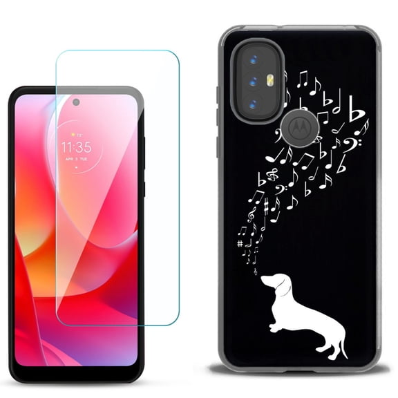 Slim-Fit Gel TPU Phone Case for Motorola Moto G Power 2022, with Tempered Glass Screen Protector, by OneToughShield ® - Dachshund/Puppy Music