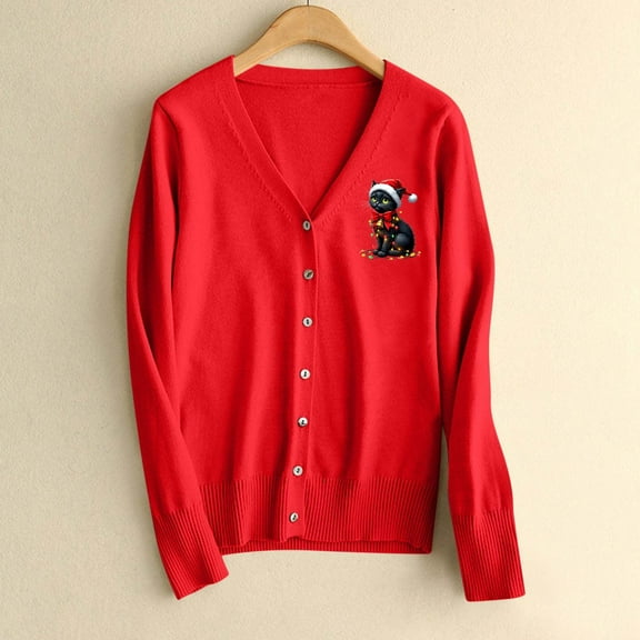 Womens Cardigan Sweaters Oversized Christmas Prined Button Down Open Front Vintage Knitted Sweaters Lightweight Long Sleeve V Neck Tops Holiday Xmas Cardigans