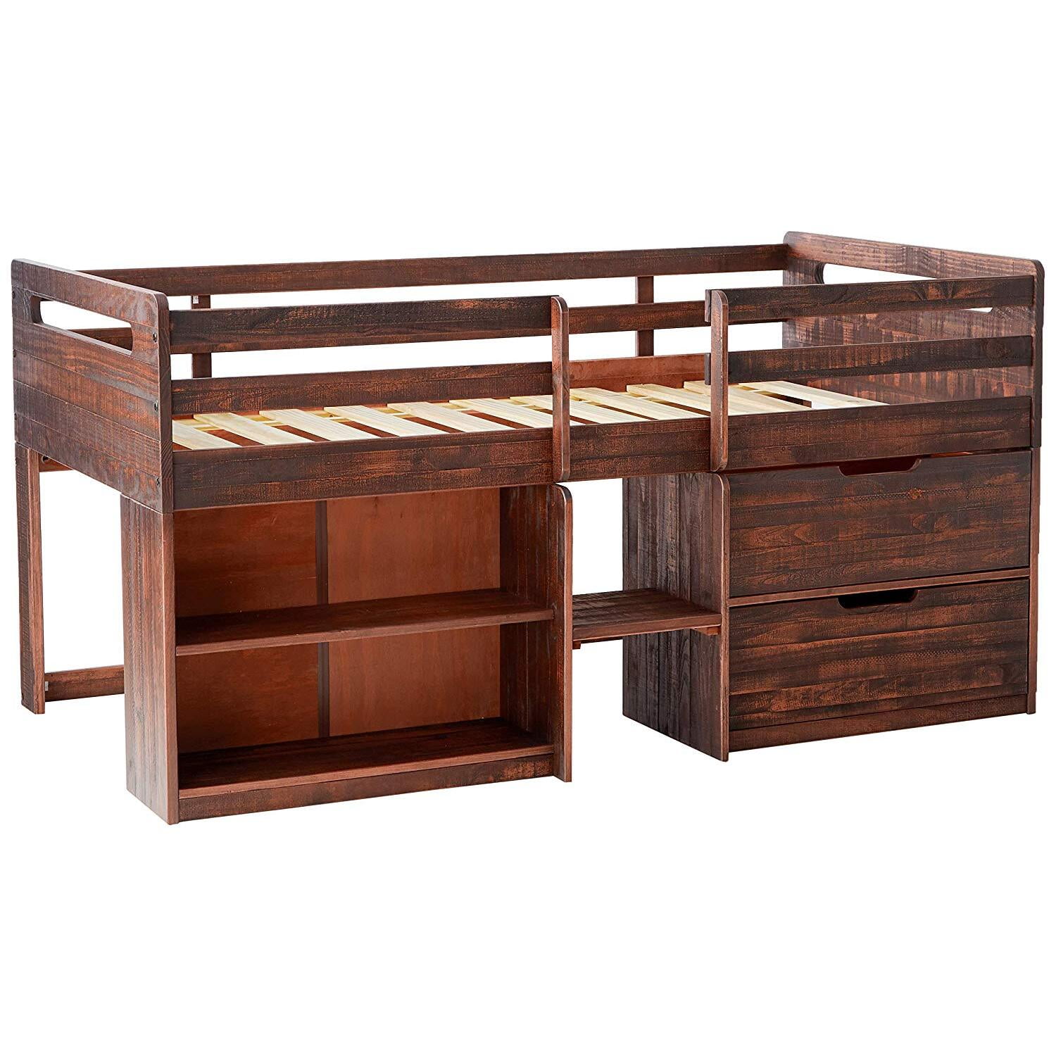 Donco Kids Pine Wood Loft Bed Storage, Twin, Brown