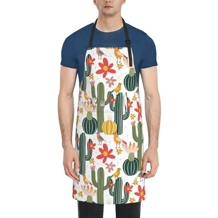 

Qekee Summer Cactus With Blooming Print Waterproof Apron with Pockets Adjustable Cooking Aprons Kitchen Bib for Baking Household Cleaning
