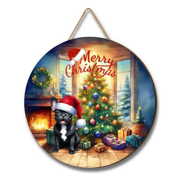 Merry Christmas French Bulldog Santa Hat Xmas Tree Winter Holiday Round Wood Sign Dog Lover Gifts Hanging Wall Home Decor - 01013