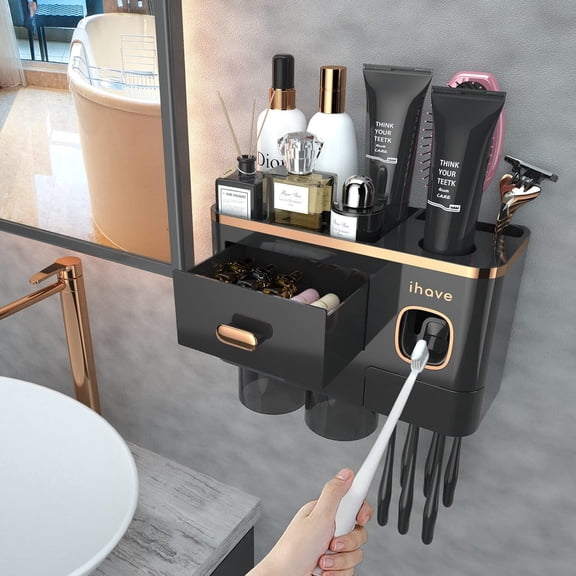 Toothbrush Holders Wall Mounted with Toothpaste Dispenser & 2 Cups - Luxury Black and Gold Design for Bathroom Decor, All-in-One Bathroom Organizers & Storage for Toothbrushes and Accessories
