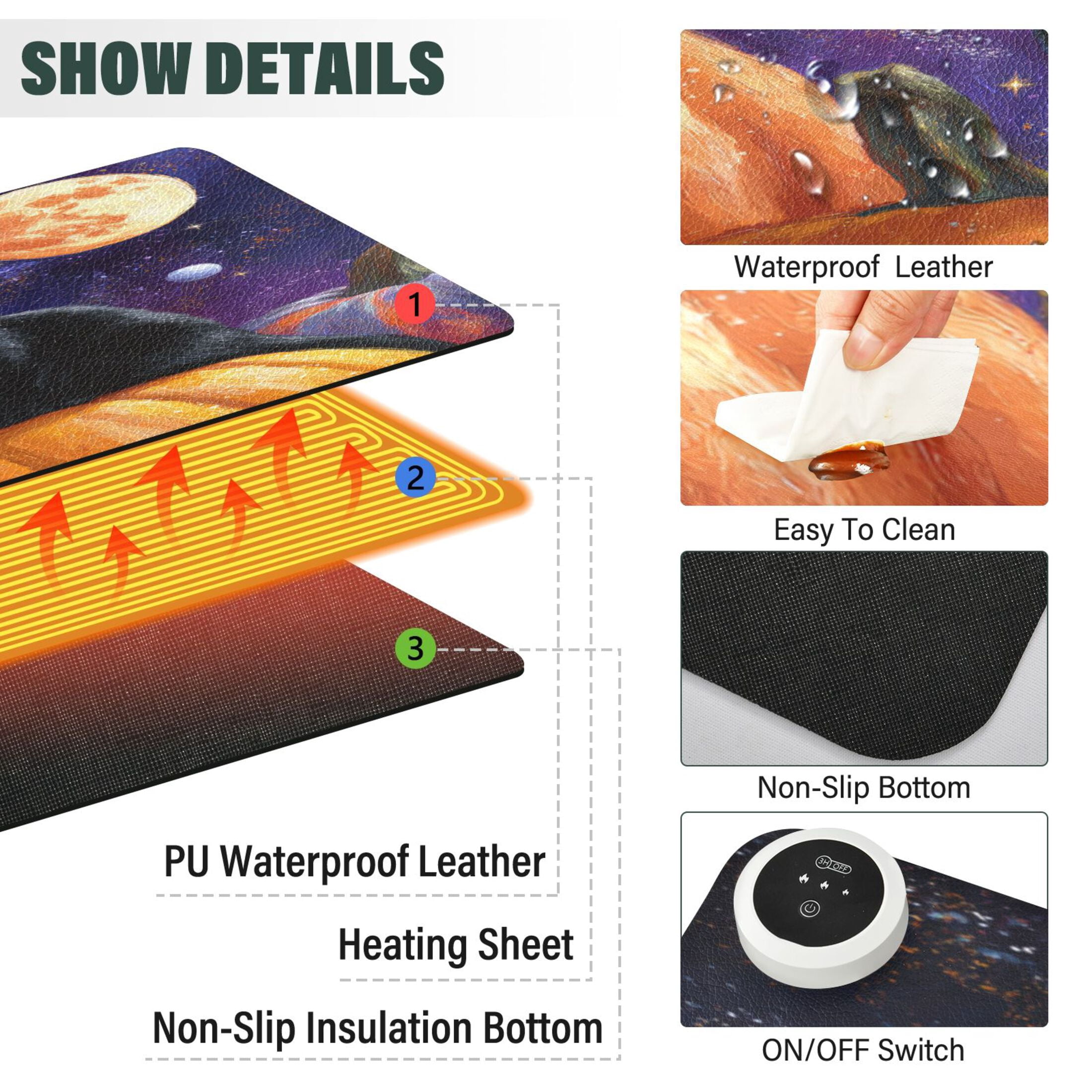 Large Heated Desk Mat Mouse Pad 31.5"x13"PU Leather Graphene Heating Desk Warmer with 3 Temperature Settings 110V US Plug Non-Slip Warm Pad for Home, Office, and Gaming Black Cat Pumpkin and Planet