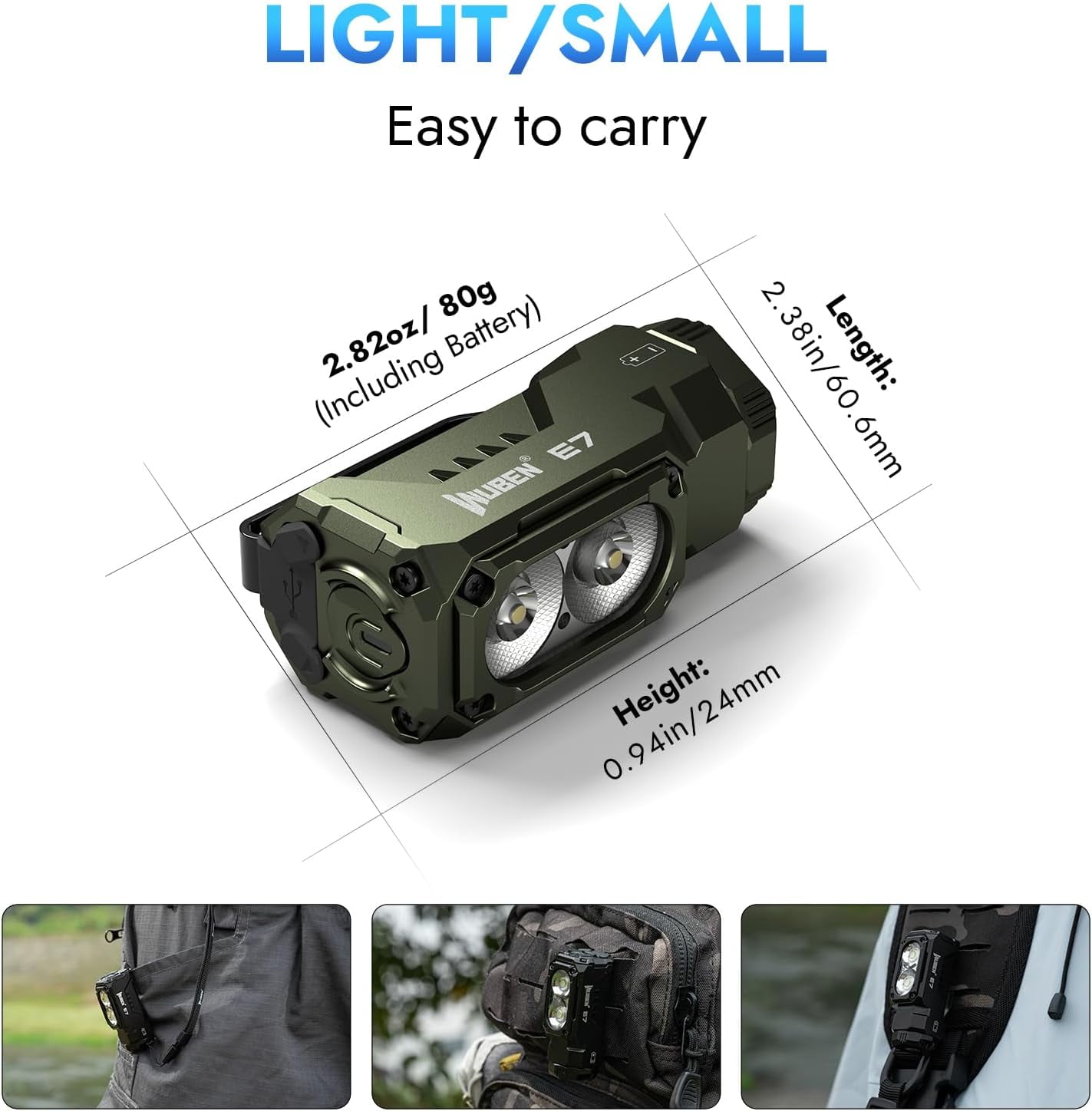 WUBEN E7 1800 Lumen Rechargeable Mini Light - 6 Modes, Magnetic, USB-C, IP68 Waterproof for EDC, Camping, Rescue & Headlamp Use