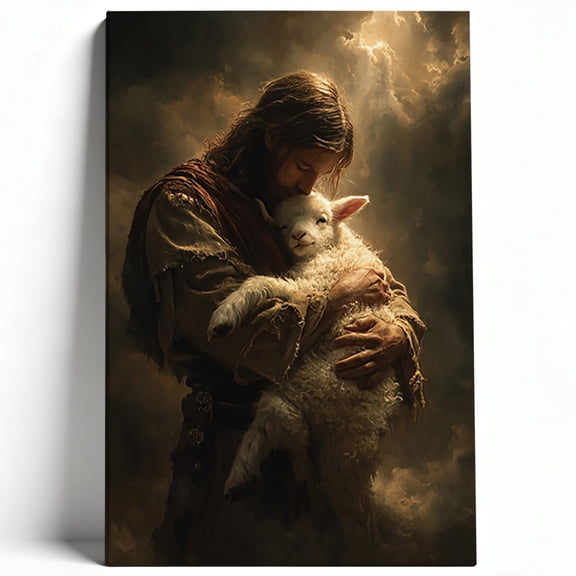 Jesus and the Lost Lamb Canvas Wall Art Good Shepherd Painting Religious Christian Poster Living Room Bedroom Decor Print Ready to Hang 8*12