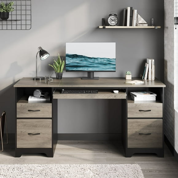 Bestier Bureau d'Ordinateur de 59 Pouces, avec 4 Tiroirs, Bureau de Direction avec Tiroir pour Dossiers, Plateau pour Clavier pour Bureau à Domicile, Gris
