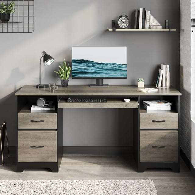 Bestier 59" Computer Desk with 4 Drawers, Office Executive Desk with File Drawer, Keyboard Tray for Home Office, Grey