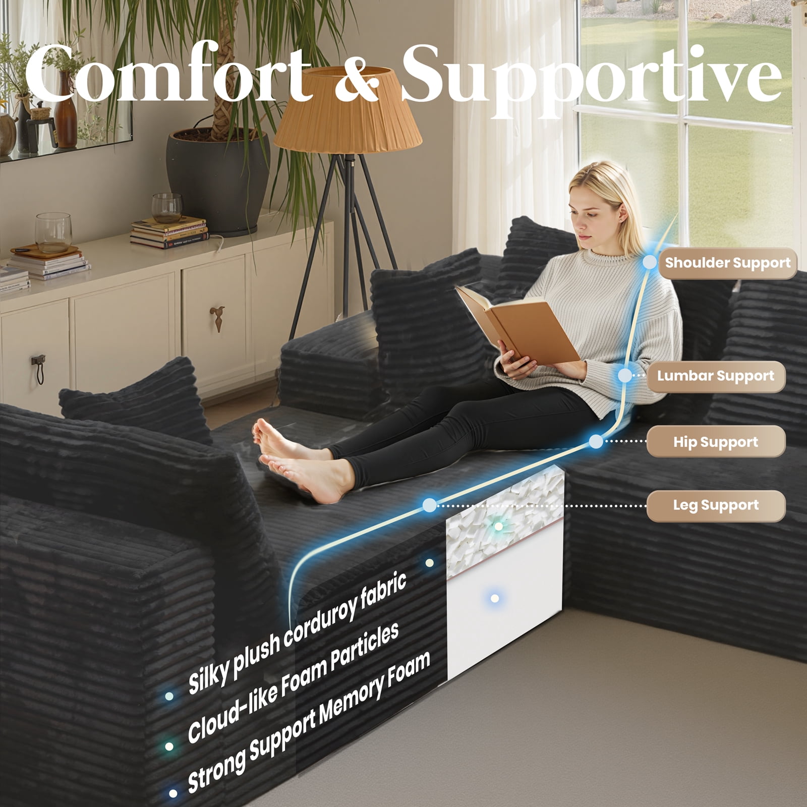 Kelyda 139'' U Shaped Sectional Couches, Modern Modular Boneless 8 Seater Large Foam Cloud Sofa Black