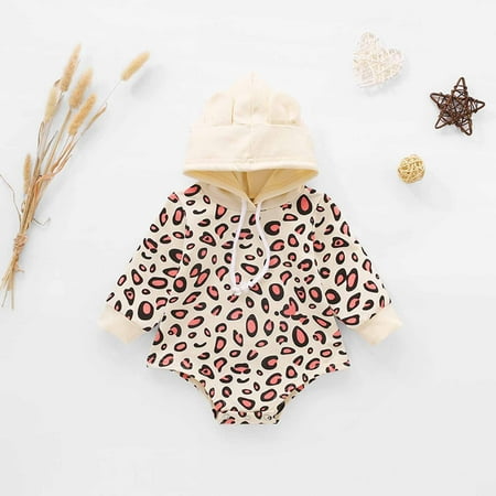 

Deals！Loyerfyivos Baby Boy Girl Fall Winter Clothes Leopard Print Hooded Sweatshirt Romper Long Sleeve Onesie Shirt