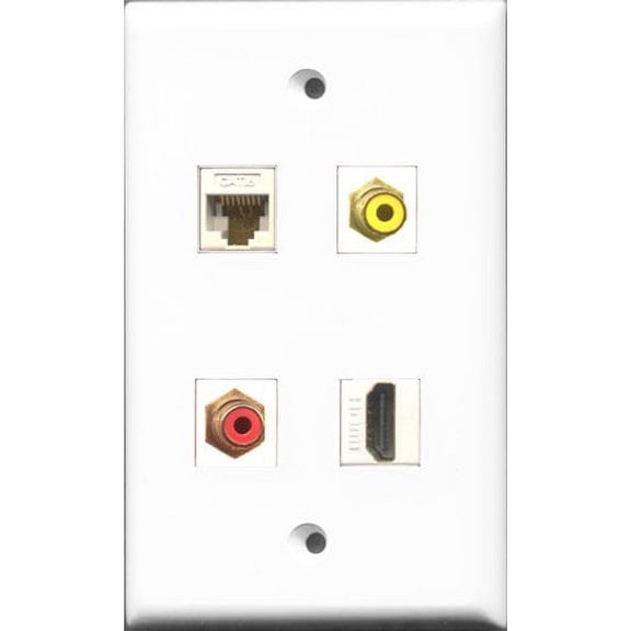 RiteAV 1 Port HDMI and 1 Port RCA Red and 1 Port RCA Yellow and 1 Port Cat6 Ethernet White Wall Plate