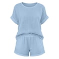 thumbnail image 6 of Gamivast 2 Piece Summer Outfits for Women Casual Linen Textured Short Sleeve Top and Drawstring Shorts Set Loose Fit Matching Lounge Sweatsuits Vacation Streetwear Pajamas Blue XXXL, 6 of 7