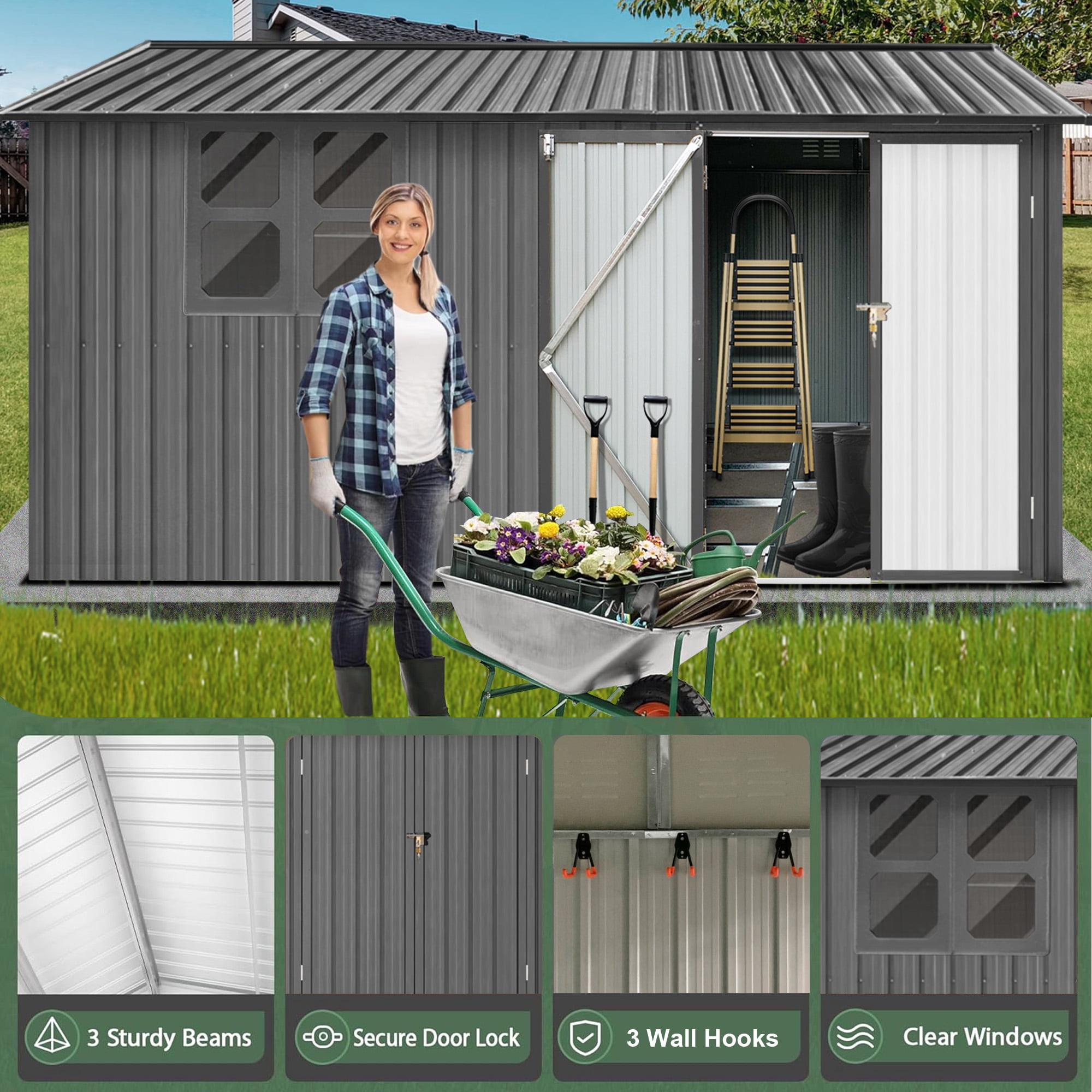 Aukfa 10 x 12FT Outdoor Storage Shed with Lockable Door, Metal Garden Tool Shed with Window & Sloped Roof for Backyard, Patio and Backyard, Gray