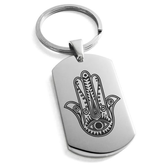 Stainless Steel Evil Eye Hamsa Hand of Fatima Engraved Dog Tag Keychain Keyring