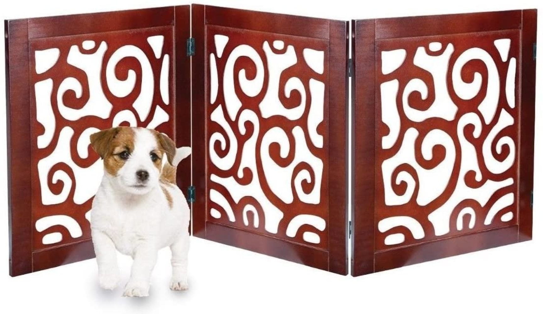 Safety Pet Gate for Dogs  Free-Standing & Foldable - Decorative Scroll Wooden Fence Barrier  Stairs & Doorways (Mahogany)