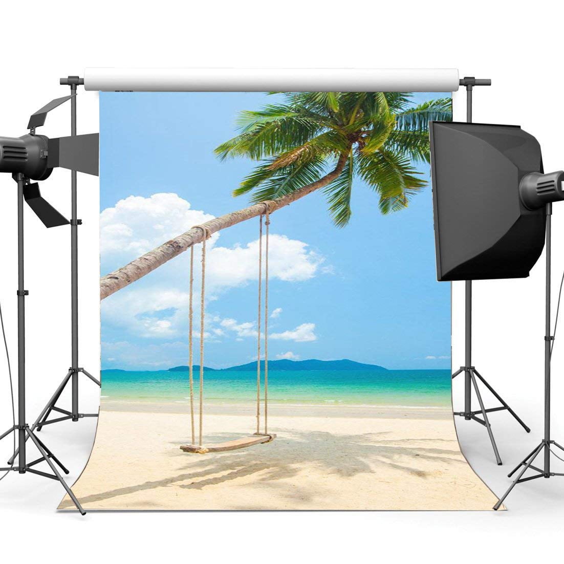 Travel and Tourism Backdrop 10x7ft Cartoon Seaside Beach Polyester Photography Background Blue Sky Cloud Red Car Surfboard Bike Boat Swim Coconut Tree Mountain Portrait Shoot Decor Prop Banner