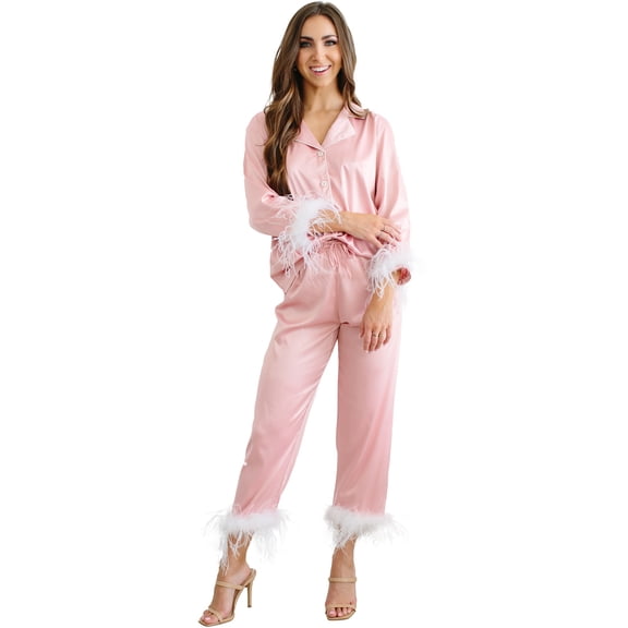 Belles Design Womens Feather Trim Silk Satin Pajama Button Down Long Sleeve and Pants Set Sleepwear Loungewear S To XXL