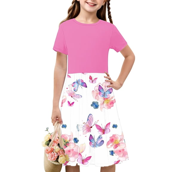 SGFCWSX Girls Short Sleeve Midi Dress Teens Crewneck Print Summer A-Line Dress for Casual Wear Pink Size 13-14 Years