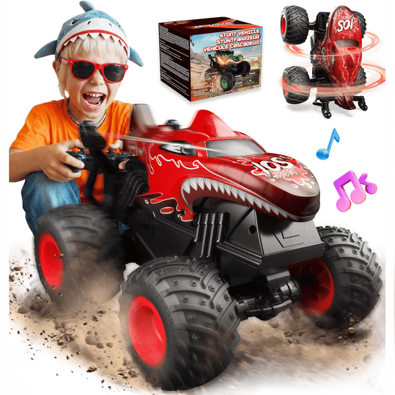 YCFUN Remote Control Car for Boys, RC Monster Truck Toys for Kids with 360° Stunt Spins & Music and Lights, RC Toy Gift for Boys & Girls (Red)