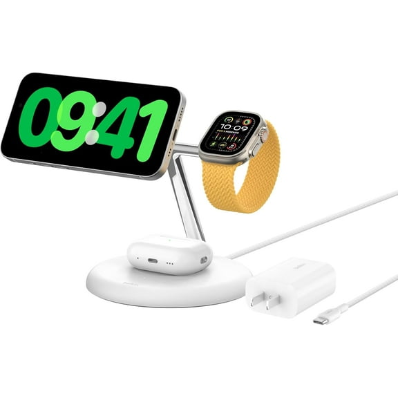 Restored Belkin 3-in-1 Stand 15W Qi2 Wireless Charger - White (Refurbished)