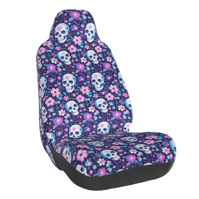 Wukai Skull Purple Flower Full Set Car Seat Covers with Soft Padding Universal Auto Front Seats Protector and Cushion Mat