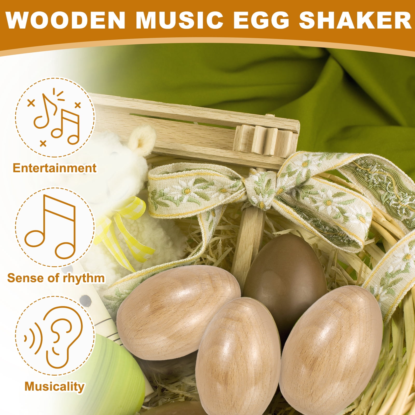 Uxcell 4 Pcs Wood Egg Shaker Wood Musical Eggs with 2 Pairs Drum Sticks Hand Percussion Shaker Wooden Hand Percussion Instrument for DIY Painting Music Learning Party (Wood Color)