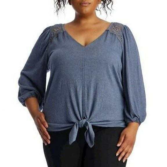 Max Studio Women's Plus Lace Trim V Neck Front Tie Blouse Top