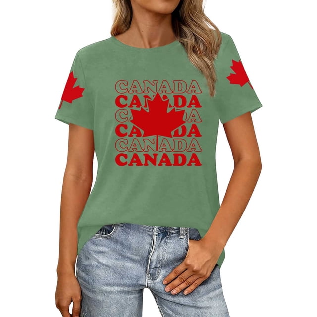 Fgnfyis T-Shirts Graphiques pour Femmes pour l'Été, Tenue Décontractée, Confortable, Manches Courtes, Col Rond, Tee avec Imprimé Patriotique de la Fête du Canada, T-Shirts pour Femmes Vert TTG