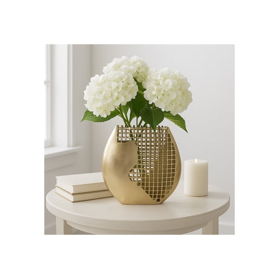 Round Partial Mesh Vase for Living Room Decor - Modern Metal Home Decor Flower Vase for Bedroom Or Office Table Decor - Textured Grid Design Accent Display for Mantel and Console - 14", Gold