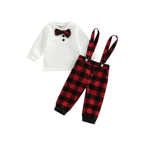 

Canrulo Infant Baby Boys Christmas Gentleman Outfits Long Sleeve Bowtie Shirt+Plaid Print Suspender Pants Overalls Clothes Red 9-12 Months