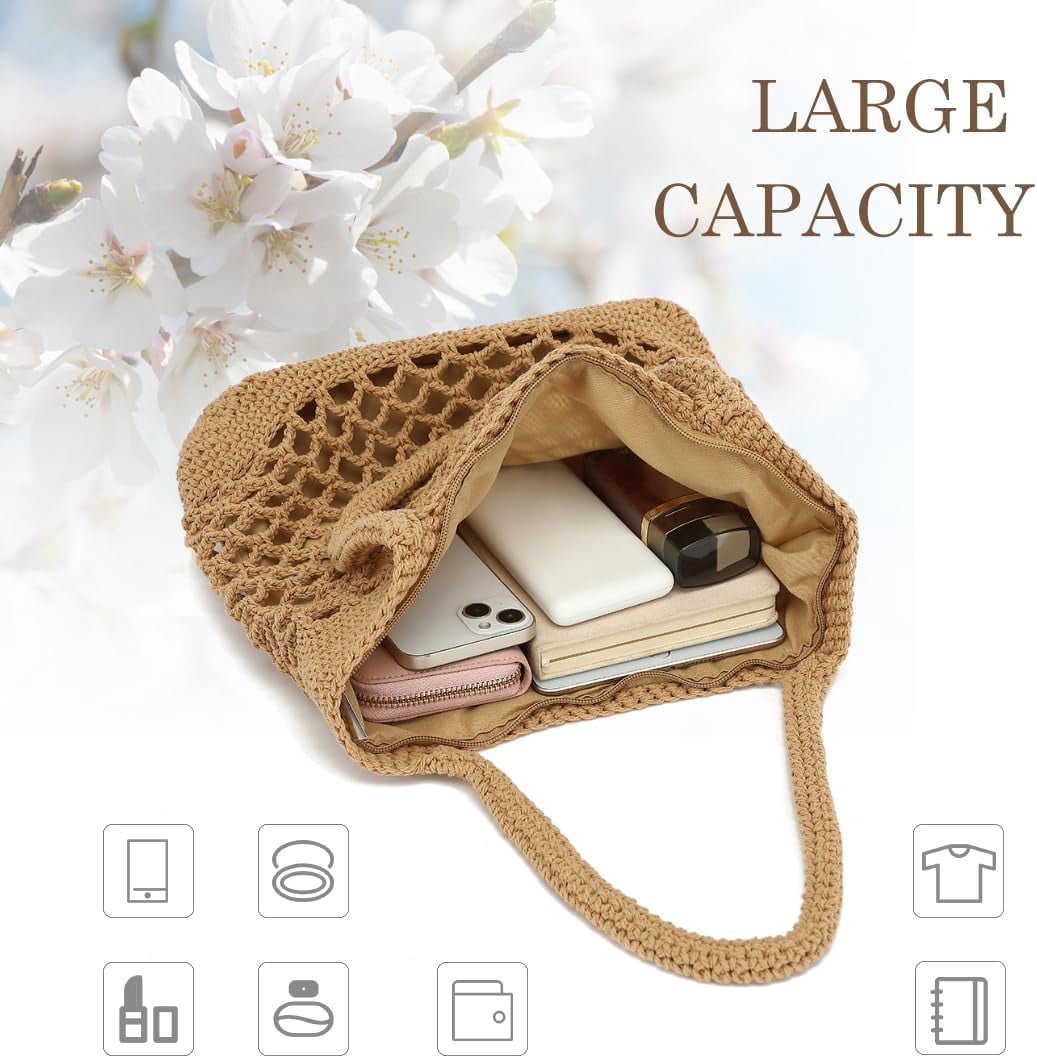 Woven Tote Bag for Women, Summer Beach Bag Large Crochet Shoulder Purse Handbag Boho Knit Bag for Summer Travel