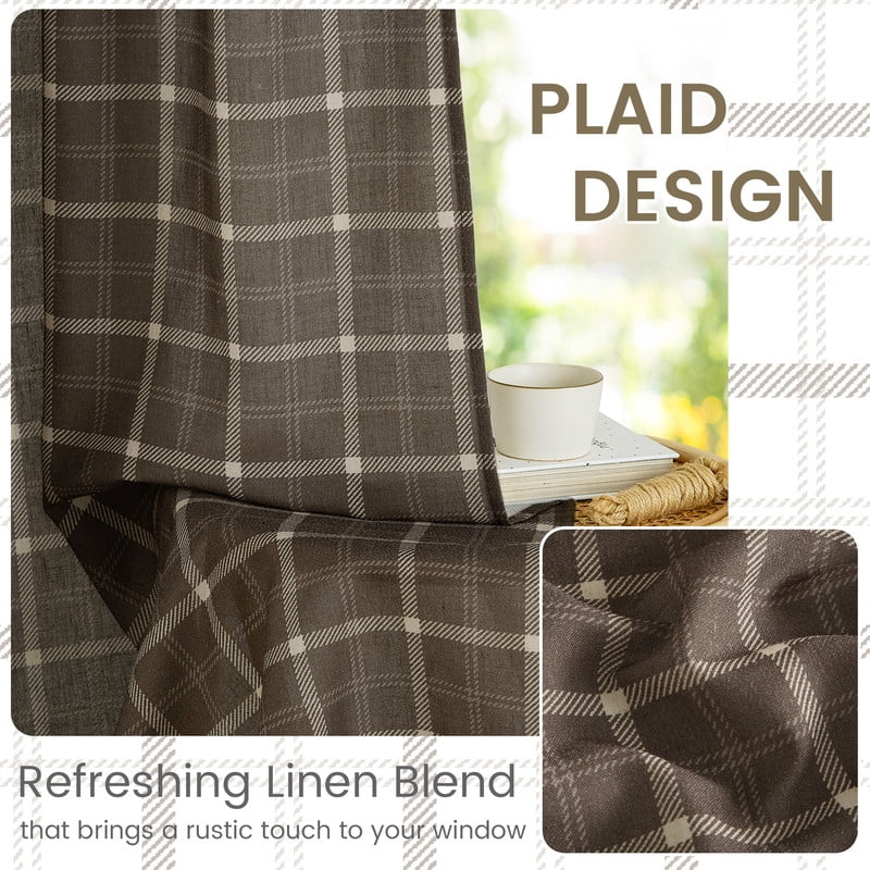 NICETOWN Plaid Curtains 63 inches Long, Linen Grid Pattern Light Filtering Privacy Shade for Kitchen Bedroom, Farmhouse Rod Pocket Back Tab Semi Sheer Curtains, Taupe, 2 Panels