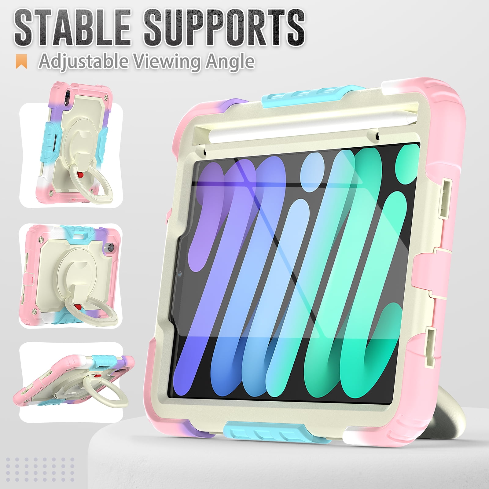Allytechgroup Screen Protector Case for Apple iPad mini 7th Gen/ 6th Gen 8.3 Inch, Heavy Duty Protective Build-in Pencil Holder Handle Stand Rugged Bumper Case Kids Friendly for iPad mini 6 7, Pink