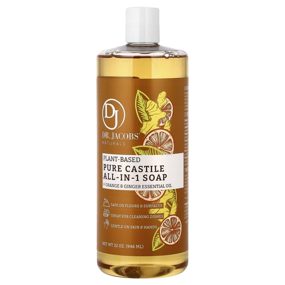 Dr. Jacobs Naturals Orange & Ginger Castile Soap All-In-One Cleaner Plant-Based Formula, 32 Fl. Oz.
