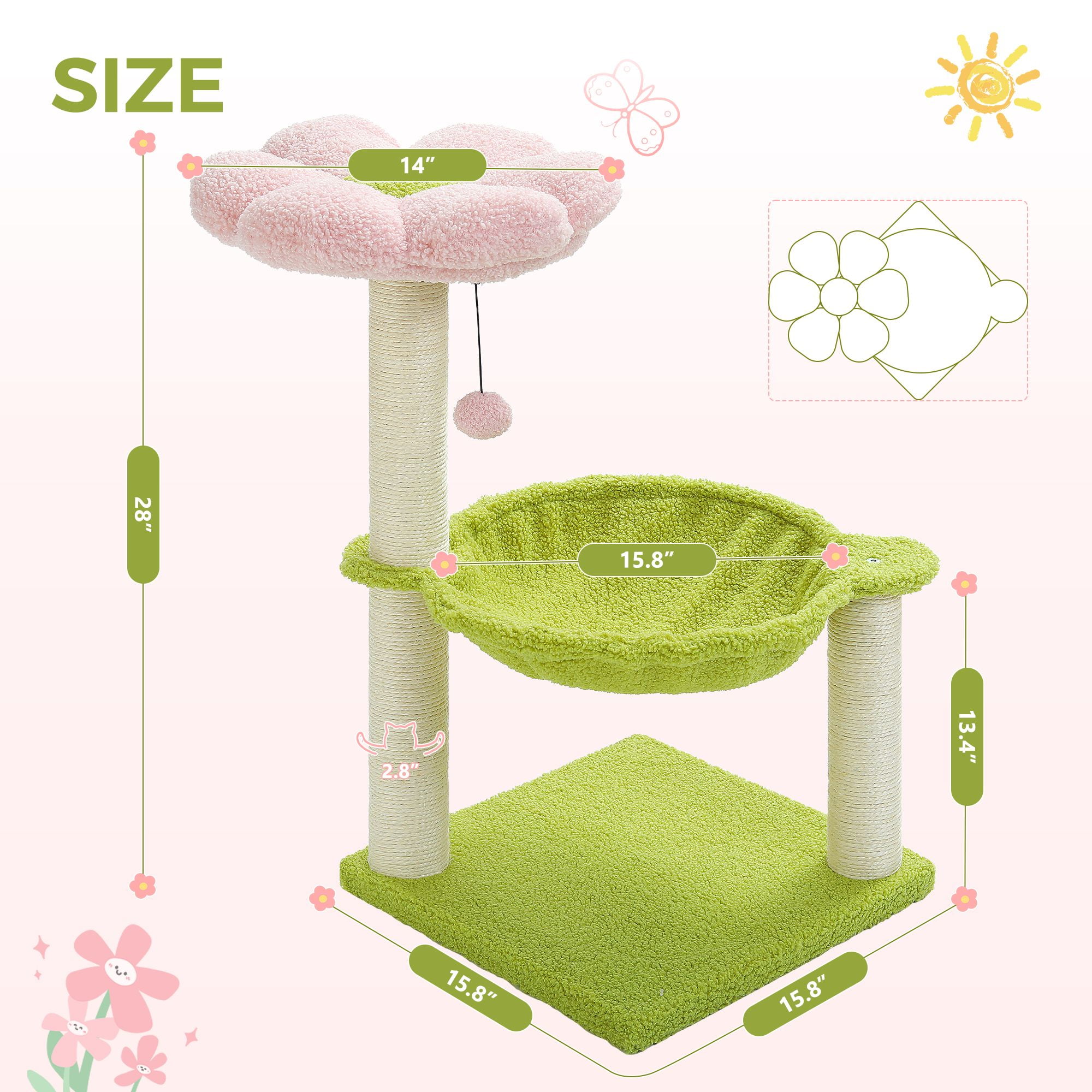 Kadyn 28" Flowers Cat Scratching Post for Indoor Cats, Cat Scratcher with Sisal Rope for Small & Medium Cats, Kittens Cat Tree, Multicolor