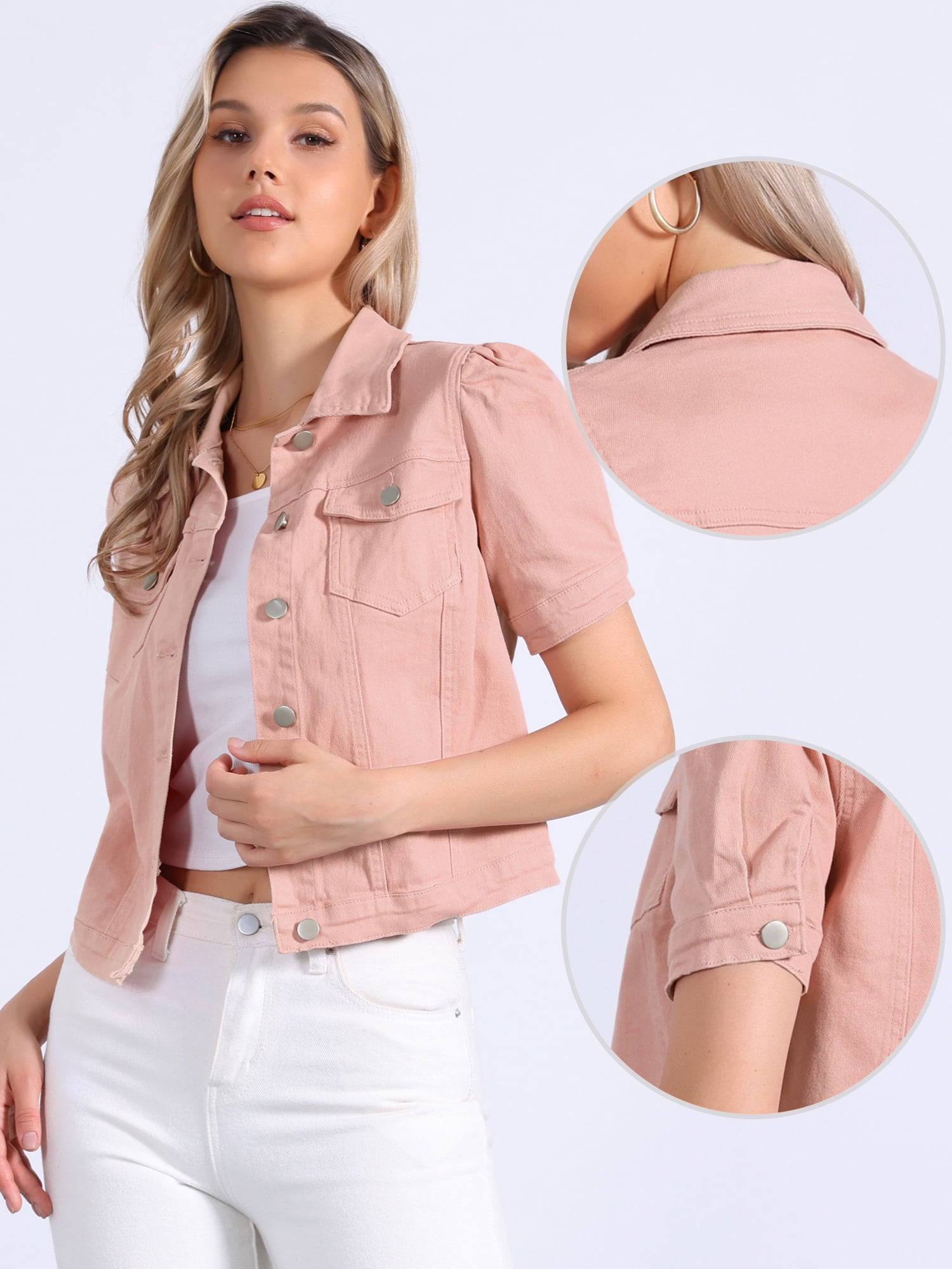 DARING DIVA Women's Jean Short Puff Sleeves Button-Down Denim Jacket XL Light Pink