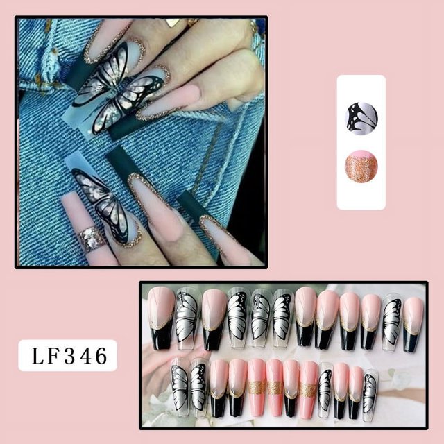 24 uñas postizas largas de mariposa (tipo pegamento), bonitas uñas medianas de bailarina para mujeres, uñas postizas de cristal de ataúd acrílico con pegamento para arte de uñas