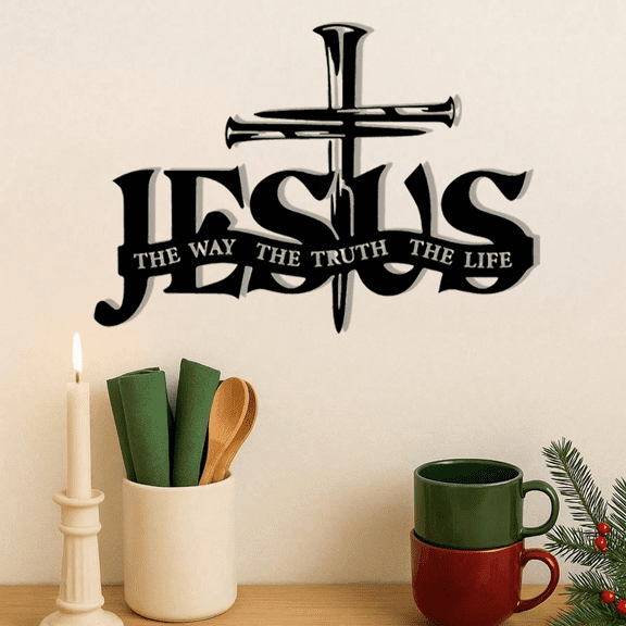 Jesus Cross Metal Wall Art – 'The Way The Truth The Life' Sign | Christian Home Decor for Bedroom Living Room Bathroom Rustproof Waterproof  with Vintage Baking Paint Tech  Unique Housewarming