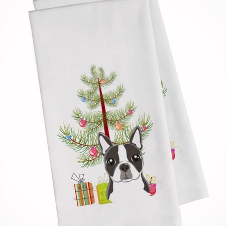 Christmas Tree and Boston Terrier White Kitchen Towel Set of 2