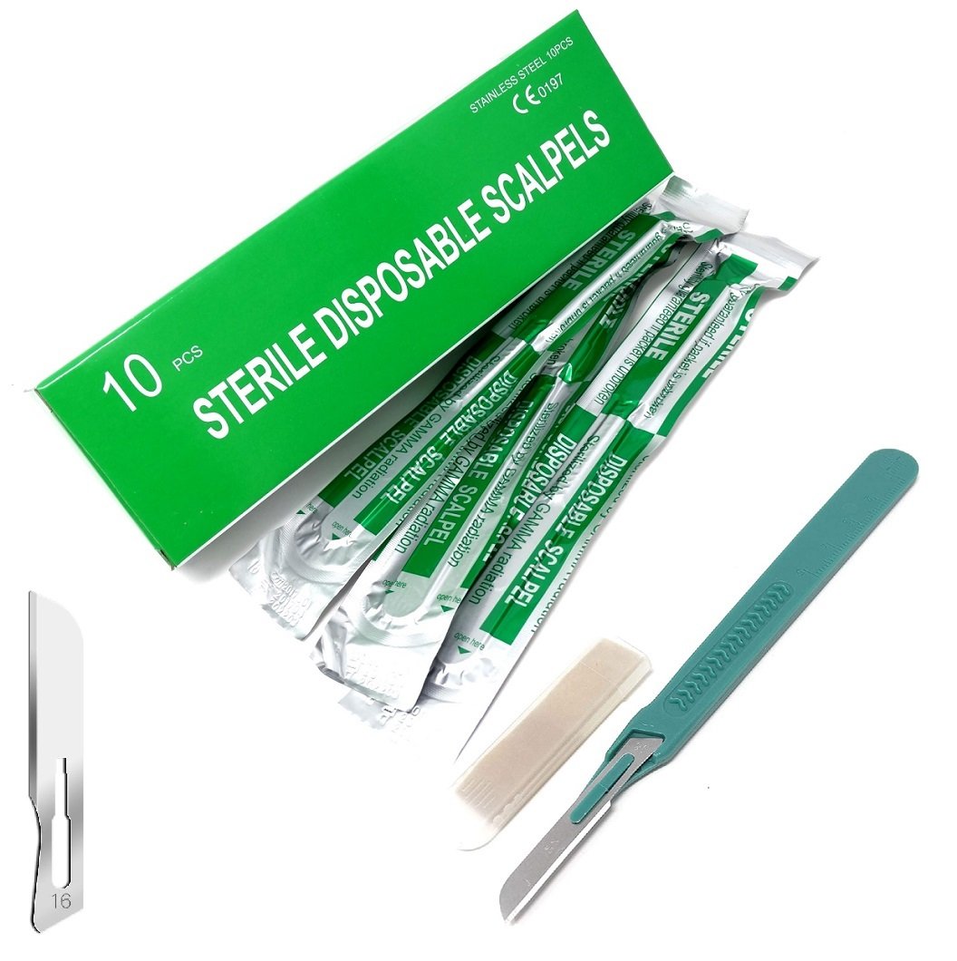 Disposable Scalpels 16, 10/bx Stainless Steel Blades, Plastic Handle