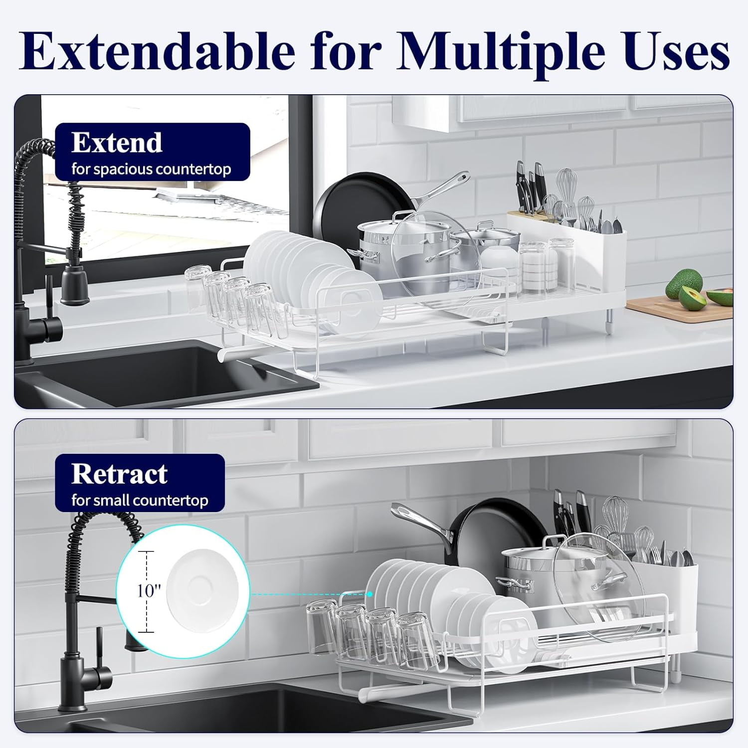 Large Dish Drying Rack - Extendable Dish Rack, Multifunctional Dish Rack for Kitchen Counter, Anti-Rust Dish Drainers with Cutlery & Cup Holders 19.2"-26.7" L x 12.9" W, White