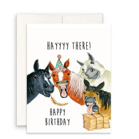 Birthday Card Featuring Fun Horses – "Hayyy There!" – Envelope Included, Blank Inside – Perfect for Horse Lovers, Friends, and Family Birthdays
