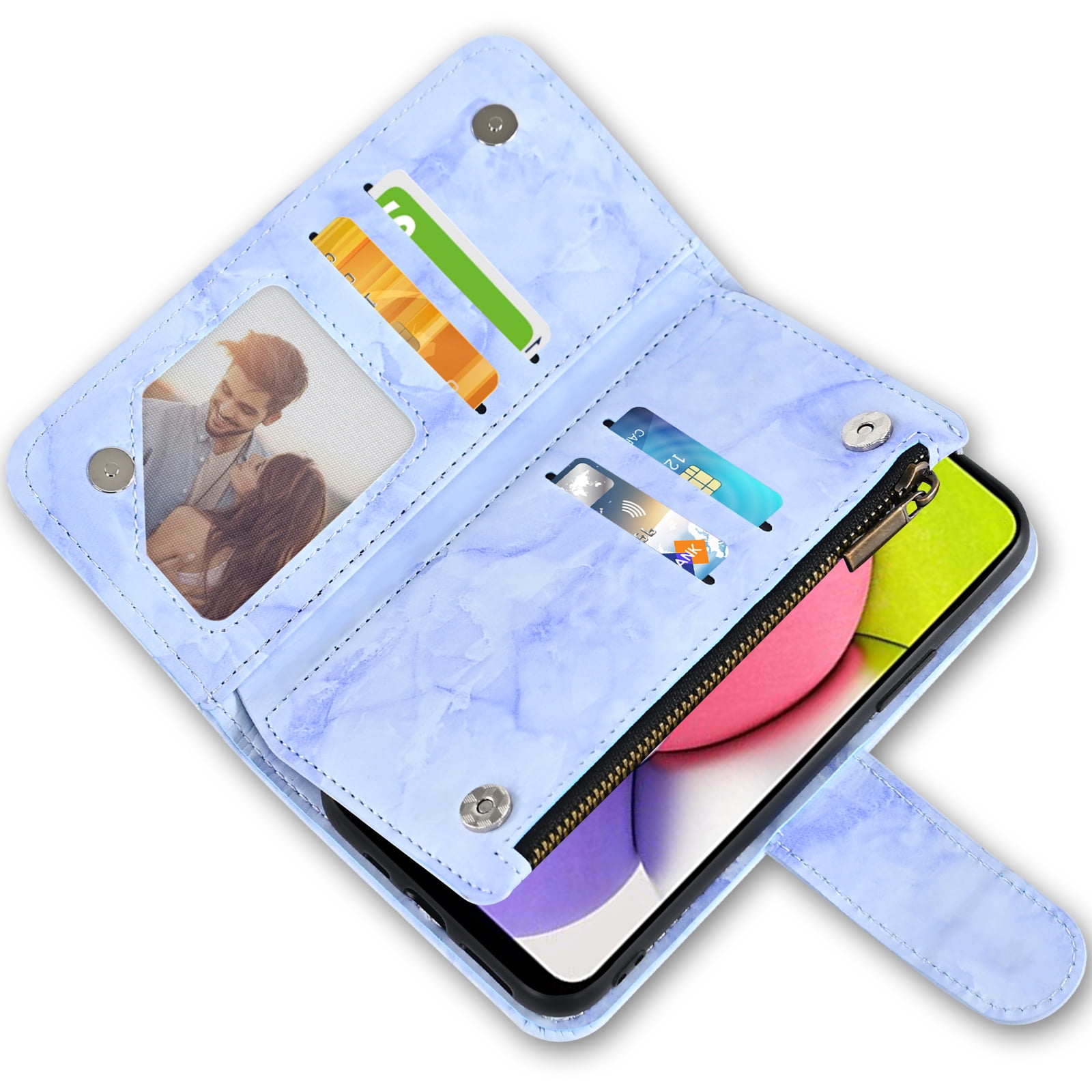 Asuwish Compatible with Samsung Galaxy A03s US Version 5G 2022 Wallet Phone Case and Tempered Glass Screen Protector Marble Flip Credit Card Holder Cell Cover for Ao3s A 03s SM-A037U SM A037U Blue