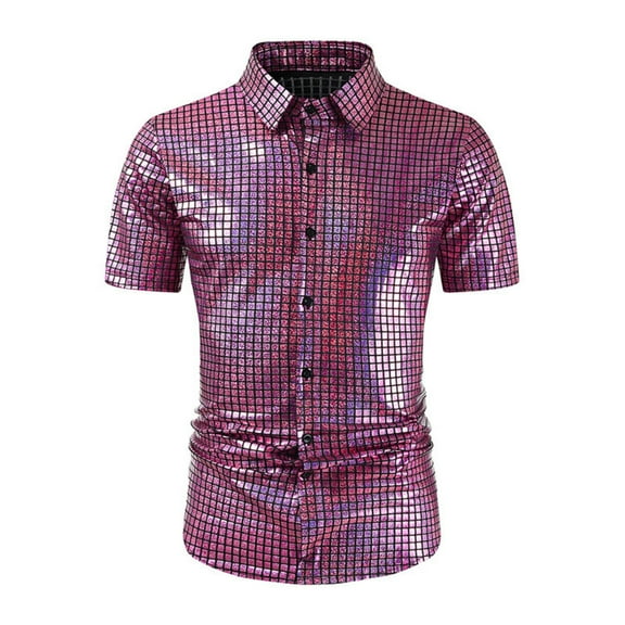Sequins Shirts for Men Button-Down Collared Short Sleeve Sparkly Tshirts Shirt Mens Trendy Solid Shiny Slim-Fit Nightclub Party Tees Tops