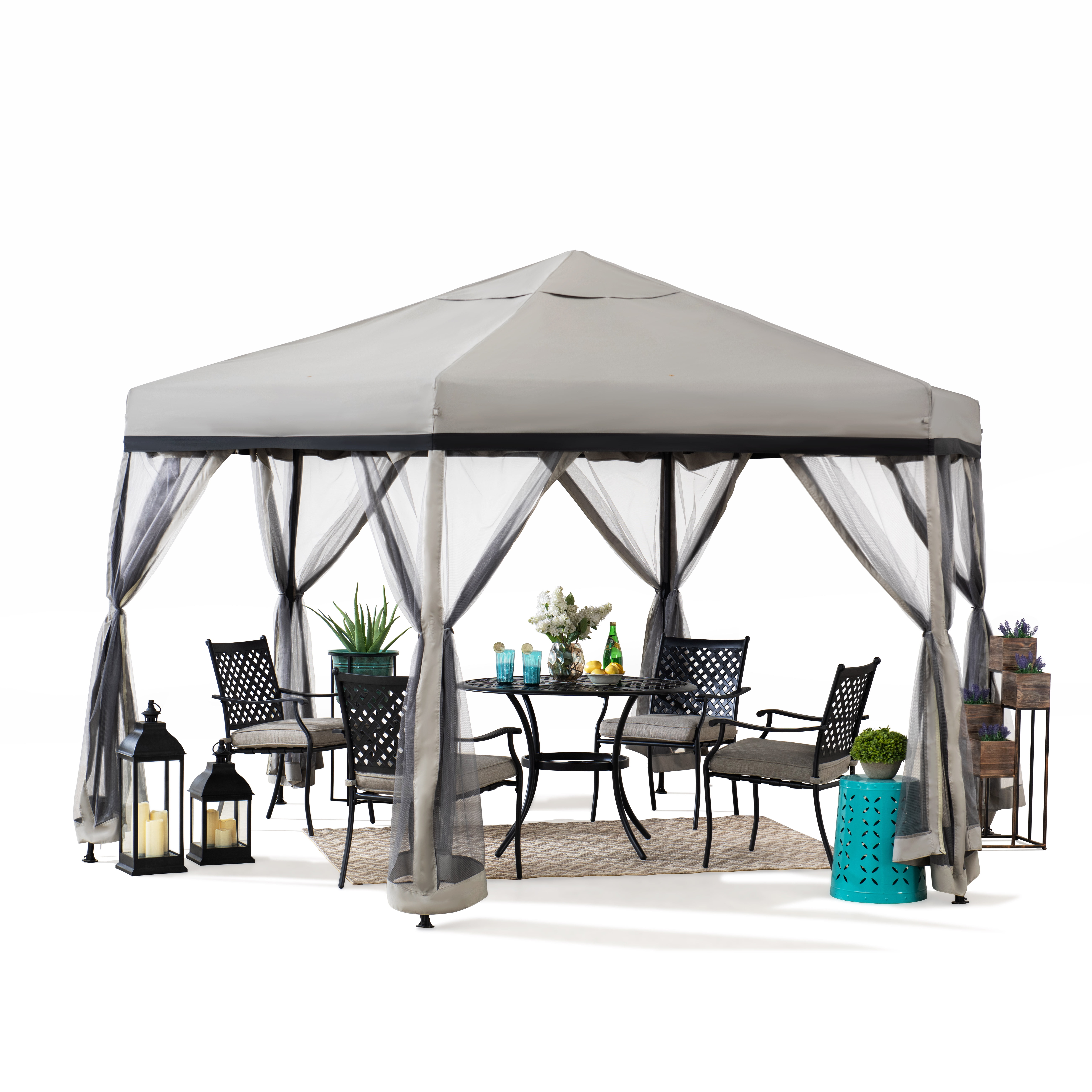 Sunjoy 11x11 ft. Pop Up Gazebo, 2-Tone Portable Canopy/Tent, Outdoor Hexagon Steel Frame Soft Top Gazebo, Mesh Sidewalls and Carry Bagcluded, Gray & Black