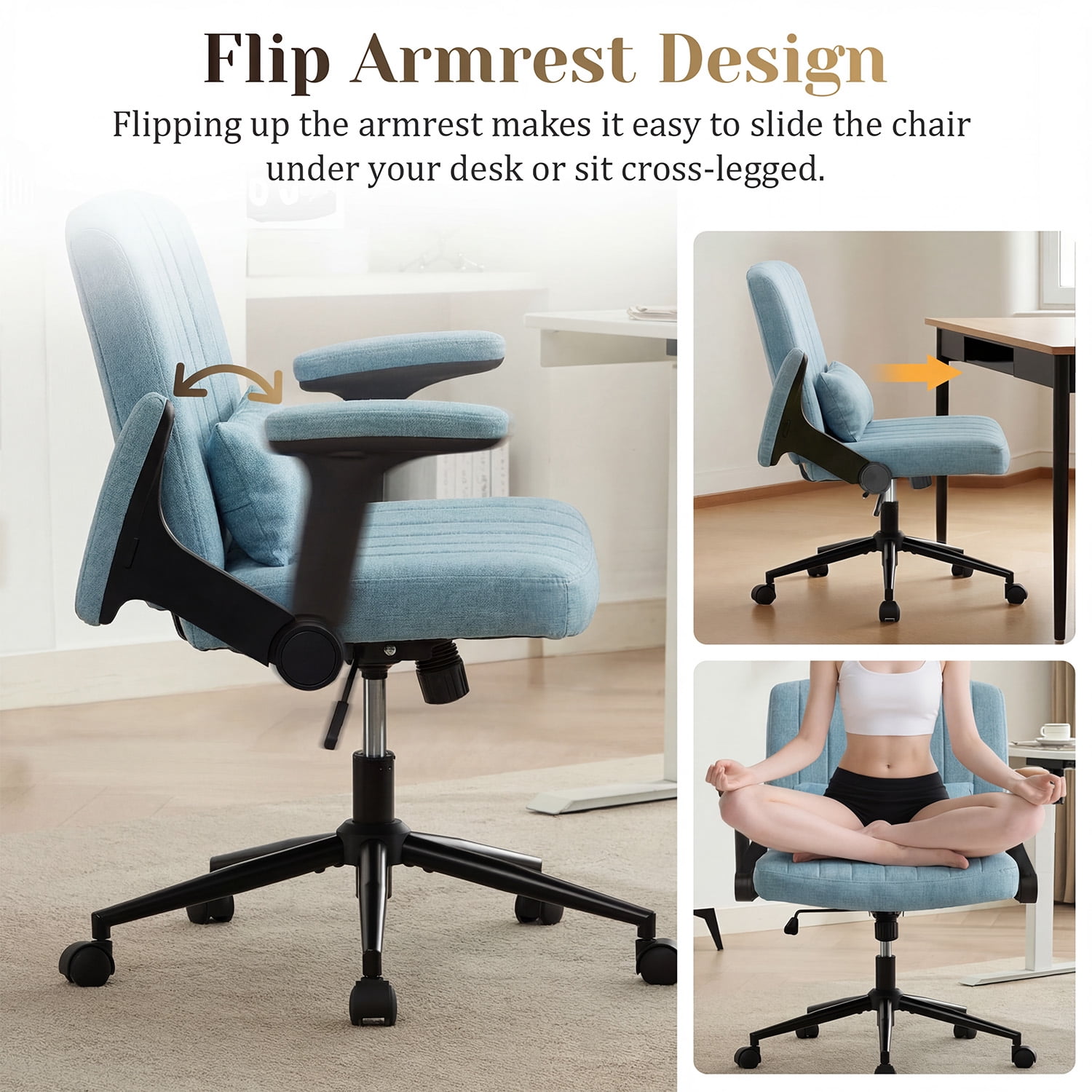 IPKIG Ergonomic Office Chair with Wheels and Flip-Up Arms, Wide Seat Swivel Desk Chair for Home Office, Computer, Vanity in Linen Blue