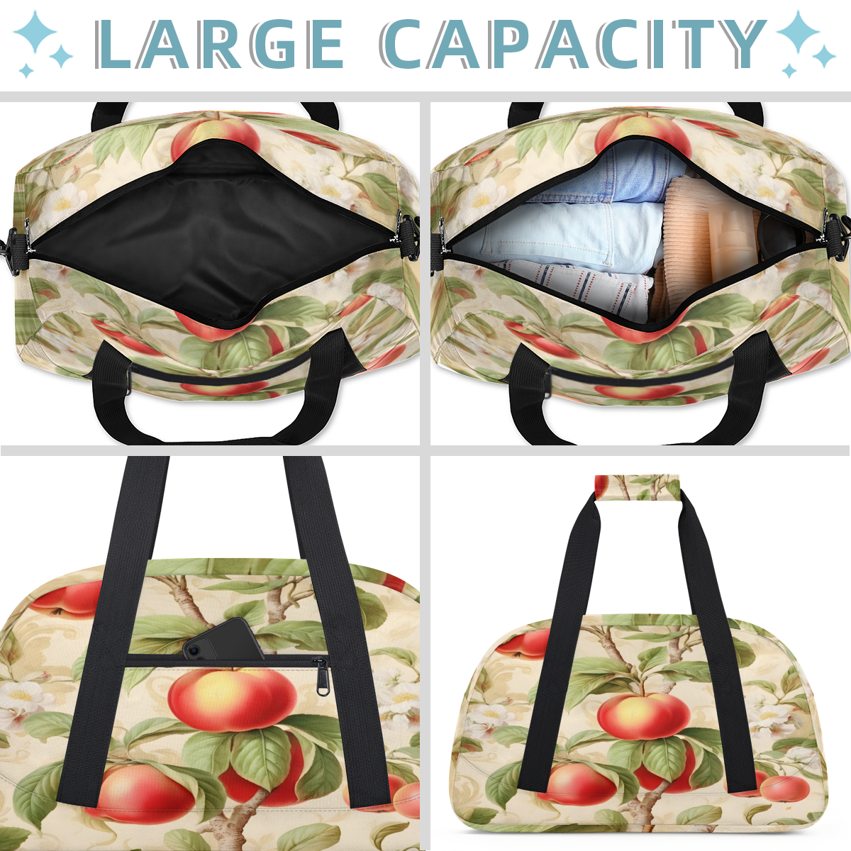 Herdesigns Apples Fruits Sports Duffle Bag for Women & Men, Apples Leaves Gym Bag Dance Bag Overnight Bag Carry On Weekender Travel Bag